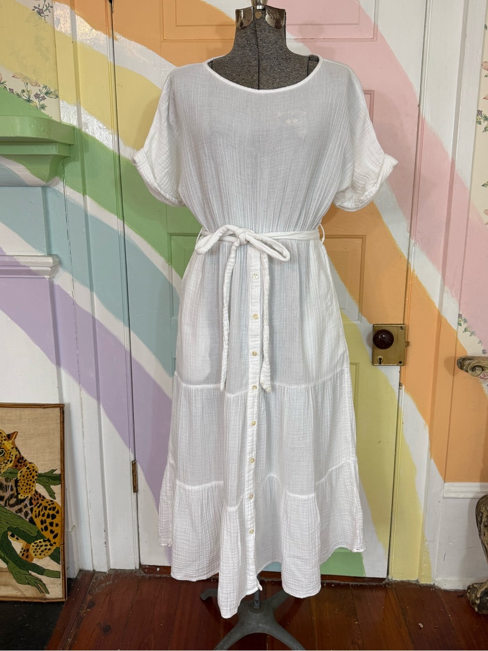 Xirena White Gauze Cotton Maxi Shirt Dress Belted Resortwear Sz XS 🧡🍄